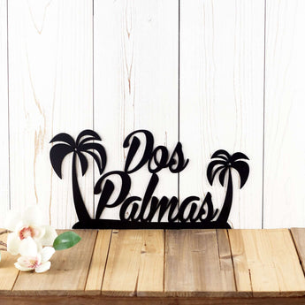 Custom metal name plaque with palm trees, in matte black powder coat.