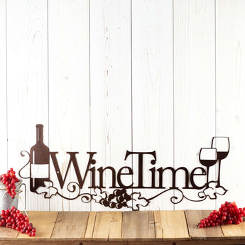 Wine Time metal sign with wine glasses, wine bottle and grapes, in copper vein powder coat.