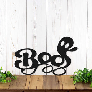 Boo metal wall art with ghost silhouette, in matte black powder coat. 