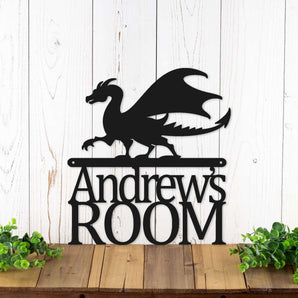 Child room name metal sign, with a dragon silhouette, in matte black powder coat. 