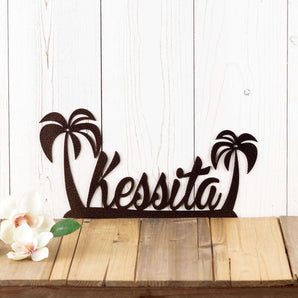 Personalized metal name sign with palm trees, in copper vein powder coat.