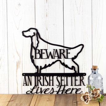 An Irish Setter Lives Here metal wall art with dog silhouette and Beware, in matte black powder coat. 