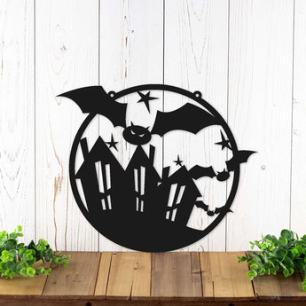 Metal Halloween bats circular sign, in matte black powder coat. 