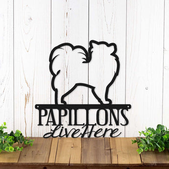 Papillons Live Here metal wall art, with Papillon dog breed silhouette, in matte black powder coat. 