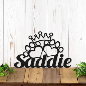 Script dog or cat name metal sign with paws and princess crown, in matte black powder coat.