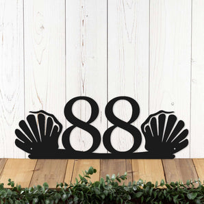 2 digit metal house number sign with seashells, in matte black powder coat. 