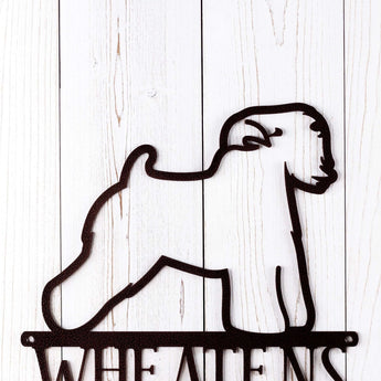 Close up of Wheaten dog silhouette on our metal sign, in copper vein powder coat.