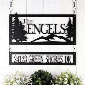 Rectangular custom metal name and address sign with mountains, in matte black powder coat. 