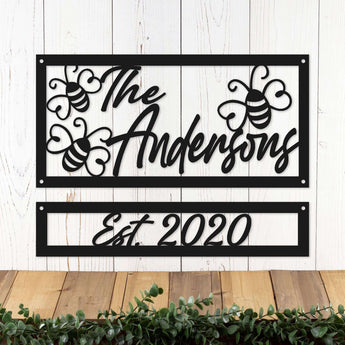 Rectangular metal family name and established year sign with bumble bees, in matte black powder coat.