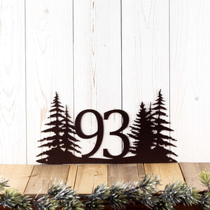 2 digit metal house number sign with pine trees, in copper vein powder coat. 