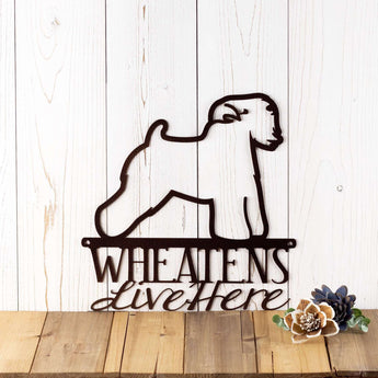 Wheatens Live Here dog metal wall art, in copper vein powder coat.