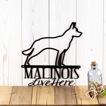 Malinois Live Here metal wall art, with a Malinois dog breed silhouette, in matte black powder coat.