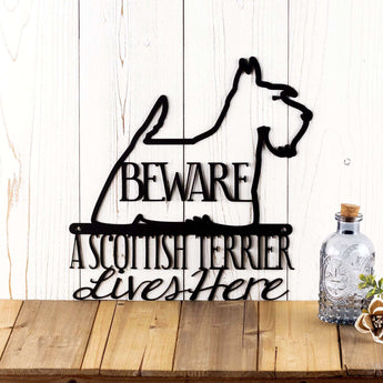 A Scottish Terrier Lives Here metal wall art, with Beware, in matte black powder coat.