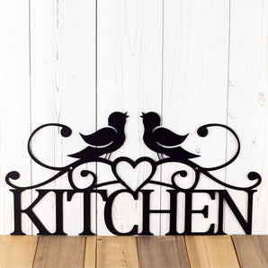 Kitchen metal sign with two birds and heart, in matte black powder coat. 