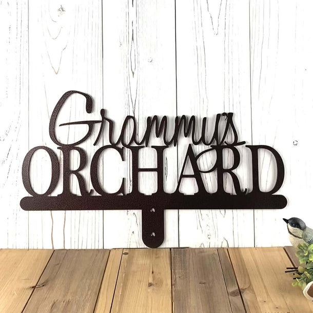 Personalized orchard metal name sign, in copper vein powder coat.