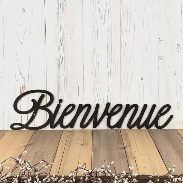 Video of script Bienvenue welcome metal sign, in matte black powder coat.