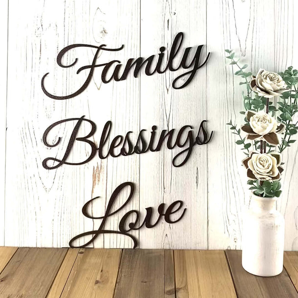 Video of Cursive Family, Blessings, and Love metal wall art, in copper vein powder coat.