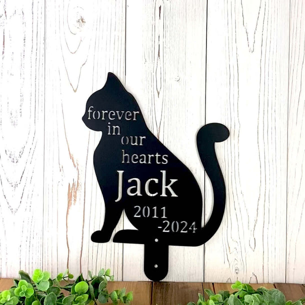 Cat garden memorial metal yard sign with name and years lived, in matte black powder coat.