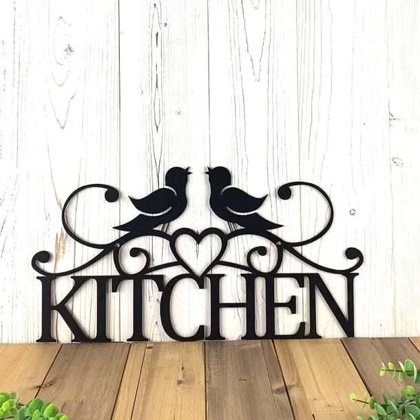 Video of Kitchen metal sign with scrolls, love birds and heart, in matte black powder coat.