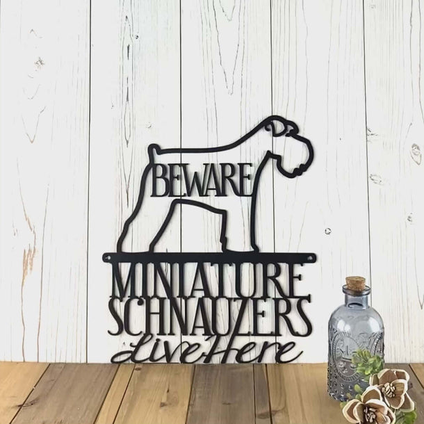 Video of Miniature Schnauzers live here metal wall art, with beware, in matte black powder coat.