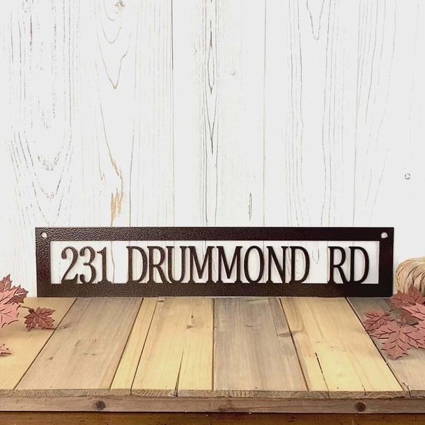 Video of personalized rectangular address metal sign, in copper vein powder coat.