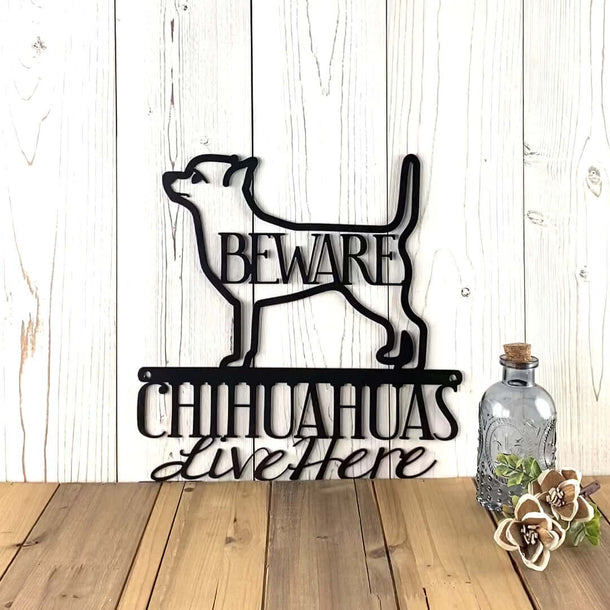 Video of Chihuahuas live here metal wall art, with beware, in matte black powder coat.