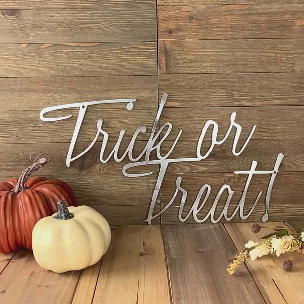 Video of Trick or treat Halloween script metal wall art, in raw steel