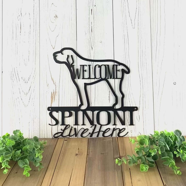 Video of Spinoni live here metal wall art, with welcome, in matte black powder coat.