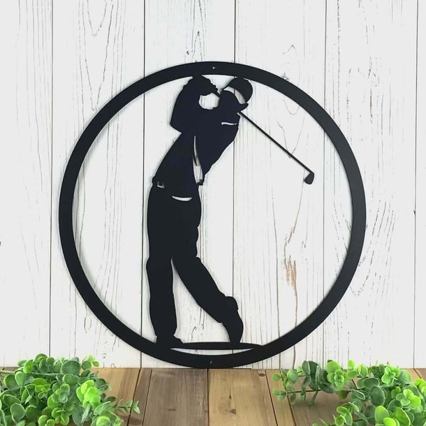 Video of man golfer metal wall art, in matte black powder coat.