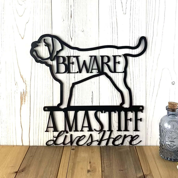 Video of English Mastiff lives here metal wall art, with beware, in matte black powder coat.