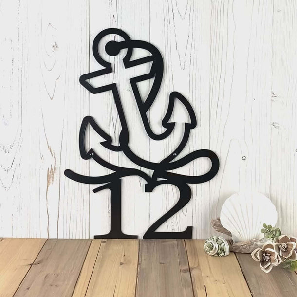 Video of nautical boat anchor metal house number sign, in matte black powder coat.