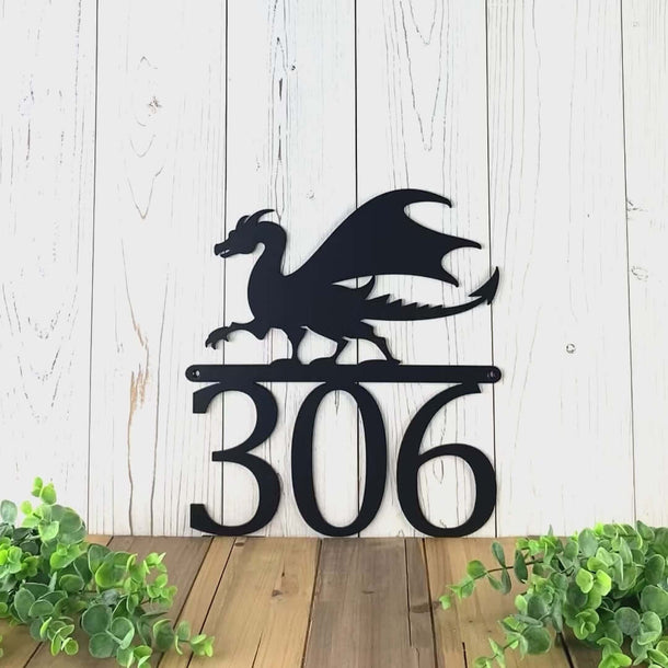 Video of personalized metal house number sign with fantasy dragon sihouette, in matte black powder coat.
