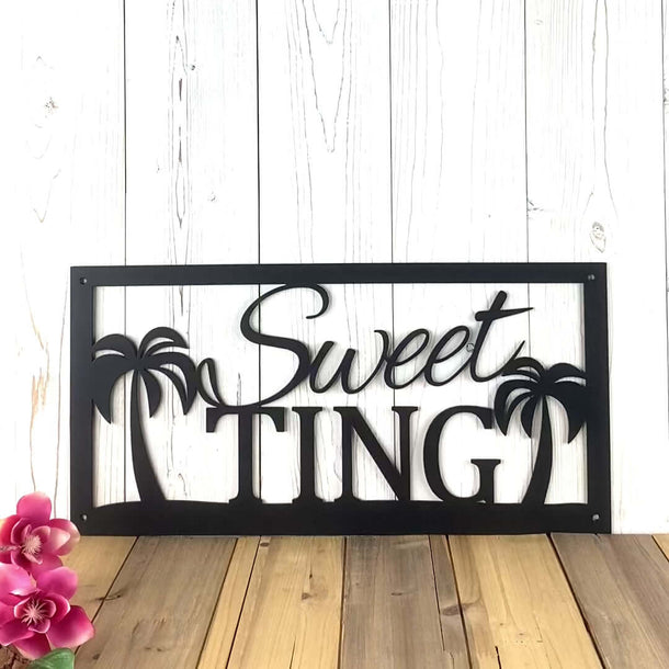 Video of custom family name metal sign with palm trees, in matte black powder coat.