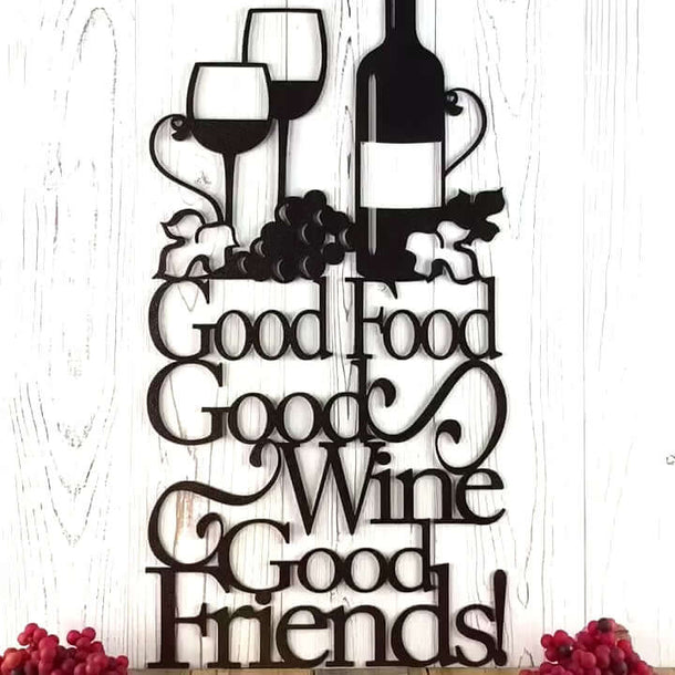 Video of Good Food Good Wine Good Friends metal wall art, with grapes, grapevines, wine bottle and glasses, in matte black powder coat.