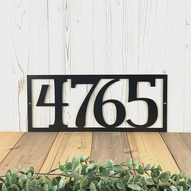 Video of rectangular horizontal metal house number sign, in matte black powder coat.