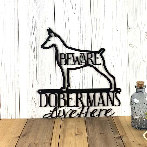Video of Dobermans live here metal wall art, with Beware, in matte black powder coat.