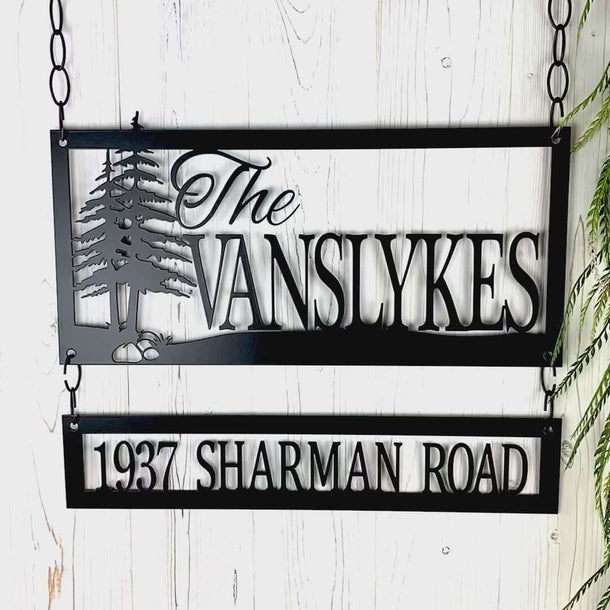 Video of Custom family name and address metal signs, in matte black powder coat.