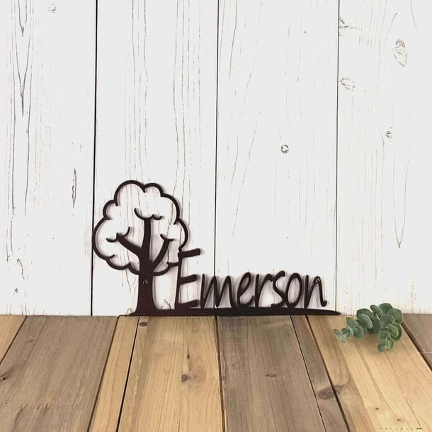 Video of personalized child name metal sign with oak tree, in copper vein powder coat.