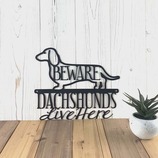 Video of Dachshunds Live Here metal sign, with Beware, in matte black powder coat.
