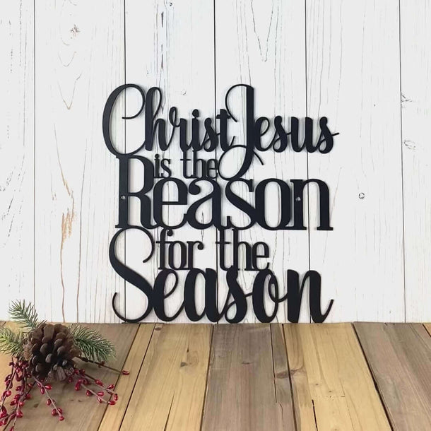 Video of Christ Jesus is the Reason for the Season Christmas metal wall art, in matte black powder coat.