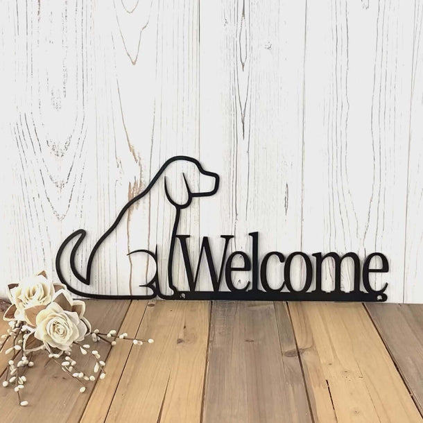 Video of Labrador dog welcome metal sign, in matte black powder coat.