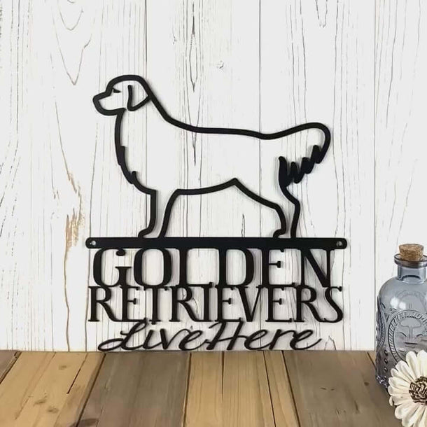 Video of Golden Retrievers live here metal wall art, in matte black powder coat.