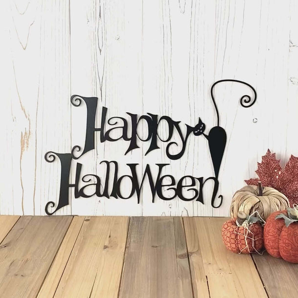 Video of Happy Halloween metal wall art with cute black cat, in matte black powder coat.