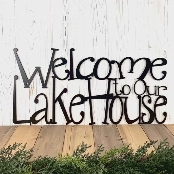 Video of Welcome to our Lake House metal wall art, in matte black powder coat.