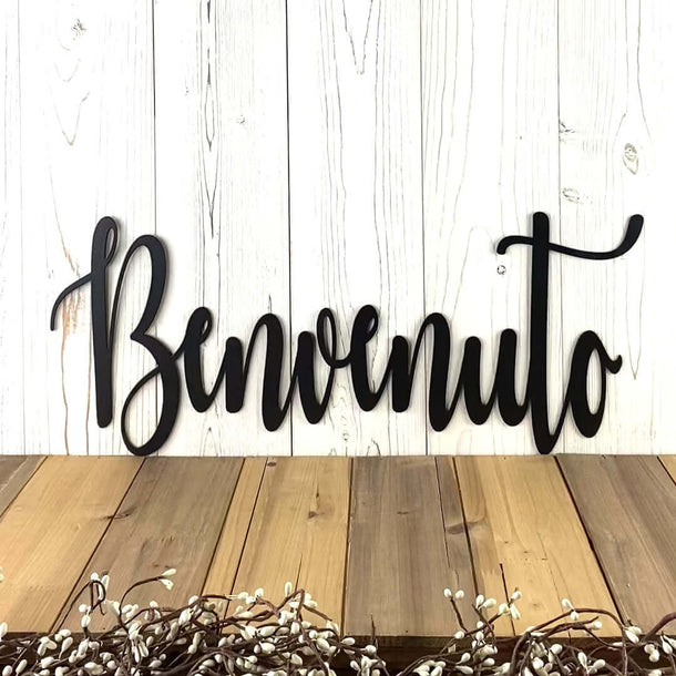 Video of script Benvenuto welcome metal wall art, in matte black powder coat.