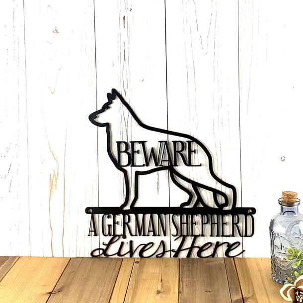 Video of German Shepherd lives here metal wall art, with beware, in matte black powder coat.