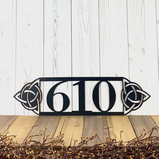 Video of horizontal metal house number sign with Celtic knots, in matte black powder coat.