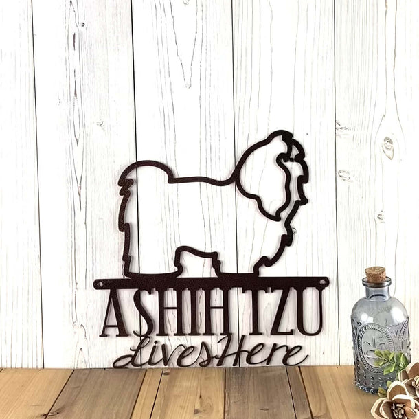 Video of A Shih Tzu lives here metal wall art, in copper vein powder coat.