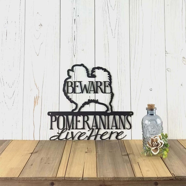 Video of Pomeranians live here metal wall art, with beware, in matte black powder coat.