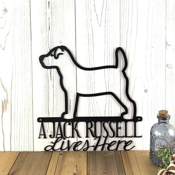 Video of Jack Russell lives here metal wall art, in matte black powder coat.